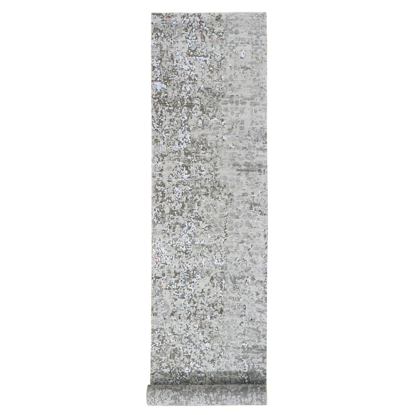 2'6"X12'1" Dense Weave Abstract Design Wool And Silk Hand Made Runner Rug