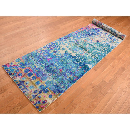 3'X12'4" Admiral Blue The Peacock Sari Silk Hand Knotted Runner Rug