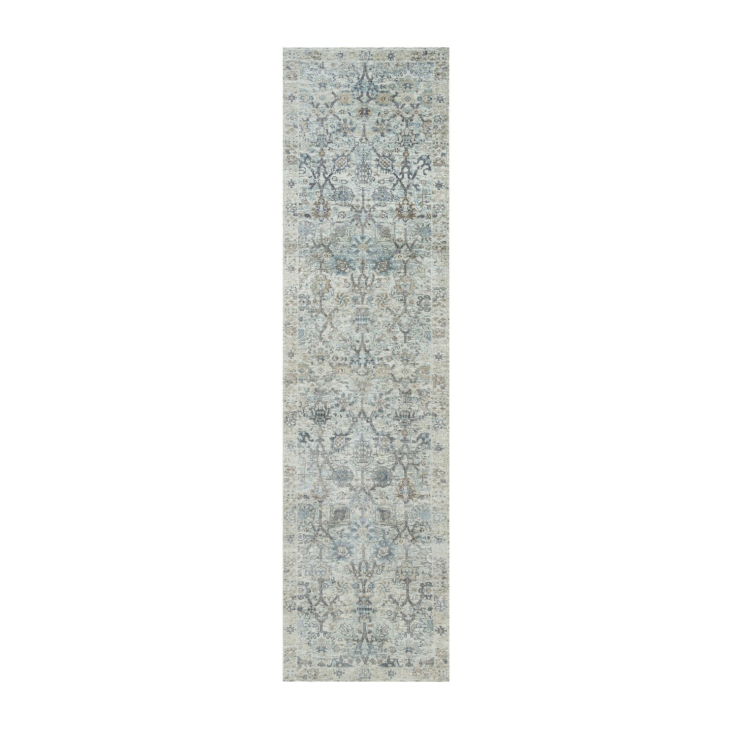 2'6"X9'10" Ivory Silk And Wool Hand Knotted Tebraz Vase Design Runner Rug