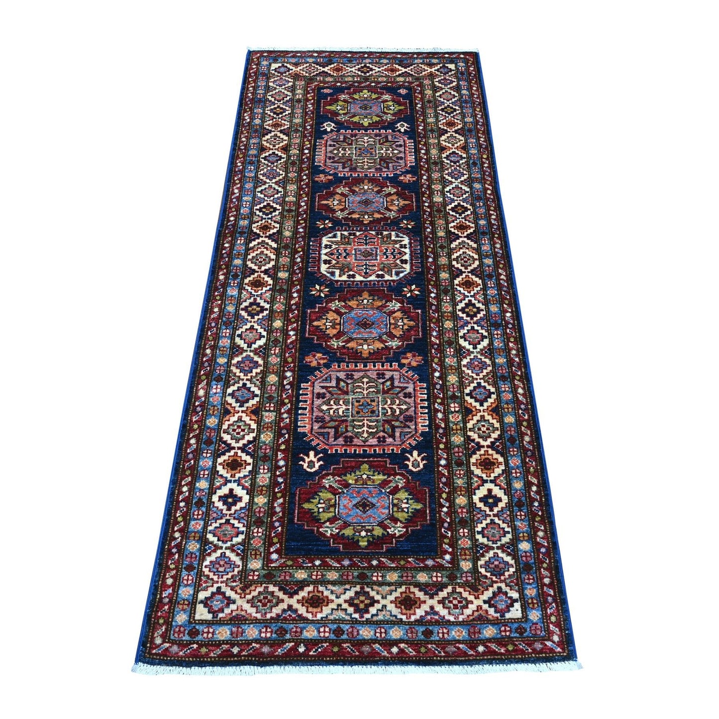 2'7"X6'4" Yale Blue Super Kazak All Wool Hand Knotted Runner Oriental Rug