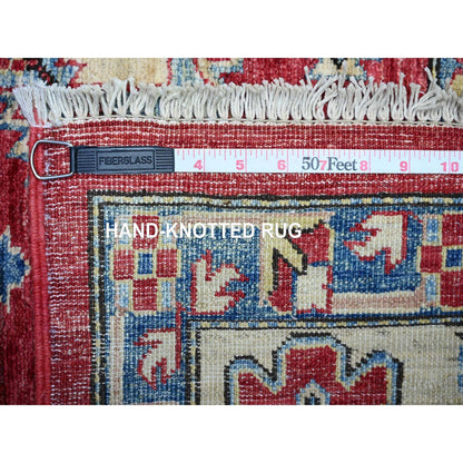 6'9"X9'9" Red Wool Afghan Super Kazak Geometric Elements Hand Knotted Rug