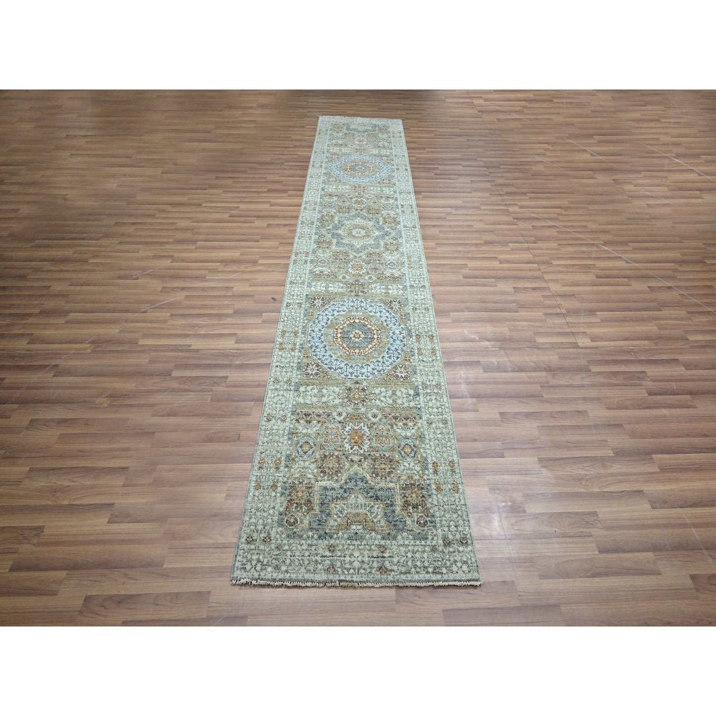 2'7"X12'1" Green Hand Knotted Wool Rug Pre Historic Mamluk Design Runner