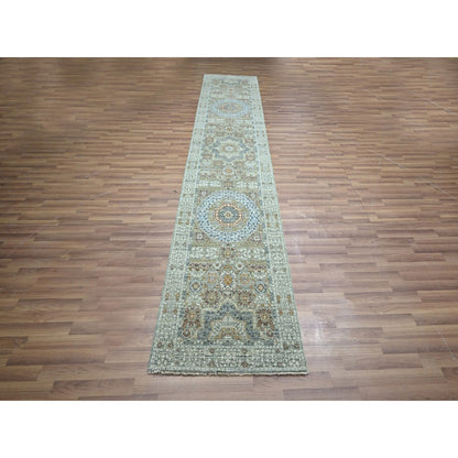 2'7"X12'1" Green Hand Knotted Wool Rug Pre Historic Mamluk Design Runner