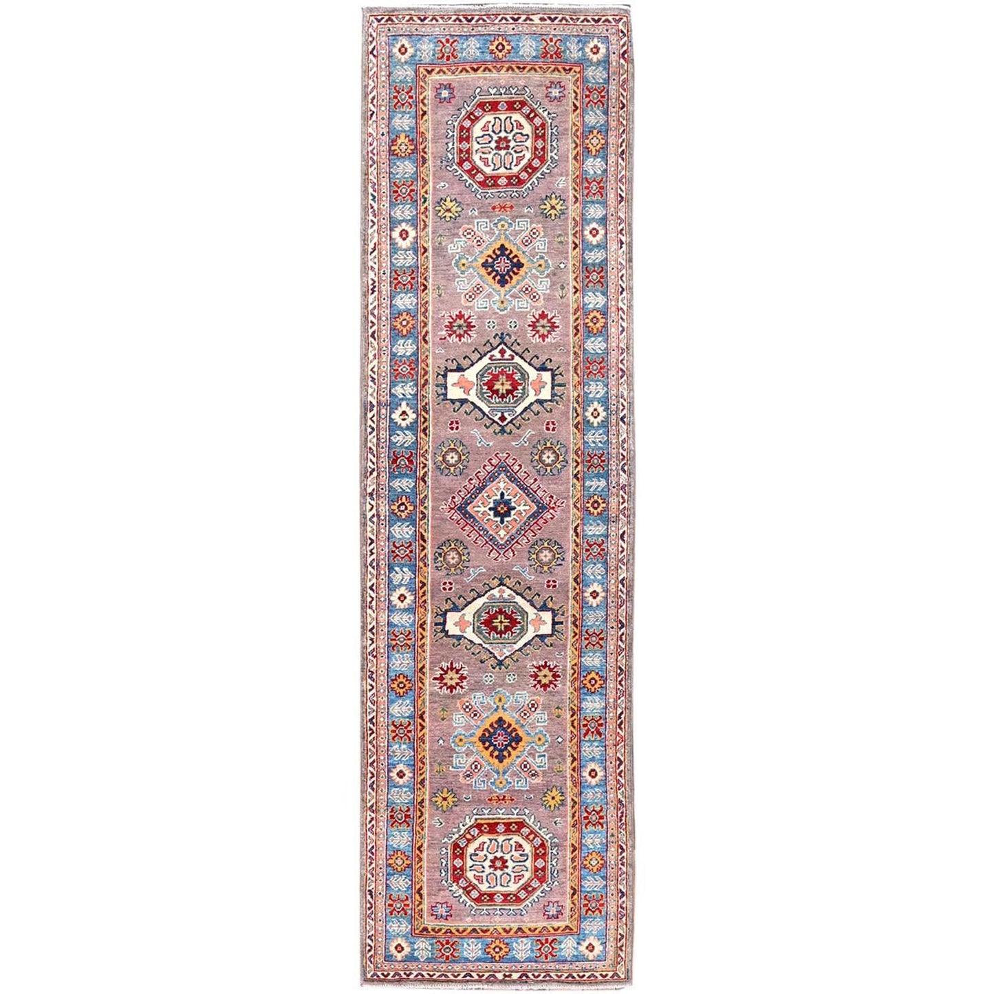 2'6"X9'2" Dusty Gray Wool Kazak Geometric Design Runner Hand Knotted Rug