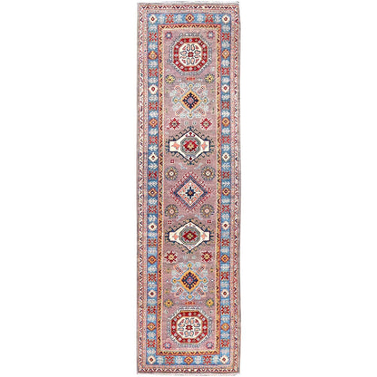 2'6"X9'2" Dusty Gray Wool Kazak Geometric Design Runner Hand Knotted Rug