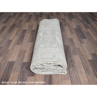 8'9"X11'10" Gray White Wash Peshawar Leaf Design Hand Knotted Pure Wool Rug
