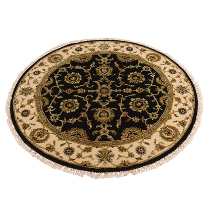 4'2"X4'2" Black Rajasthan Hand Knotted Half Wool And Half Silk Round Rug