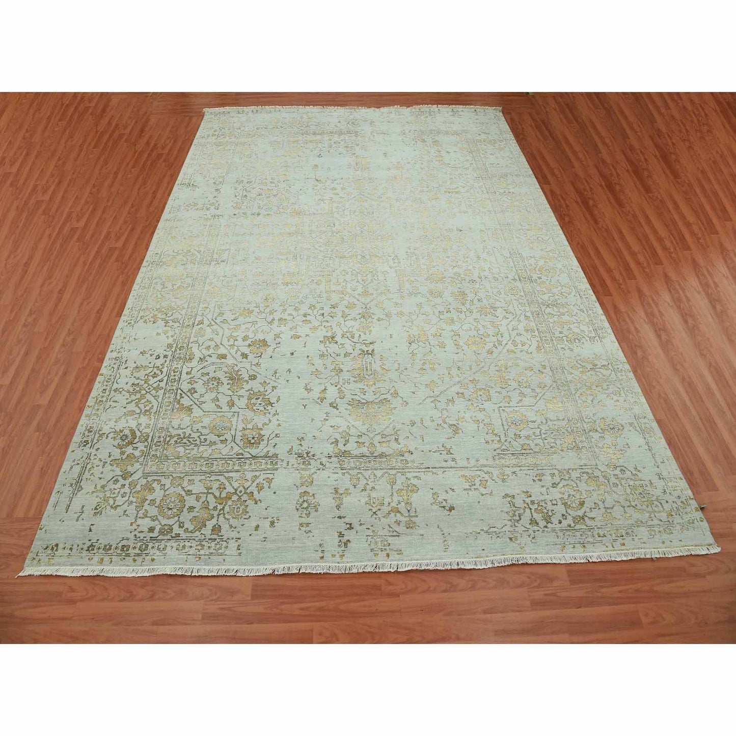 10'X14' Gray Hand Knotted Zoroastrian Heris Design Wool And Silk Rug