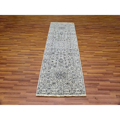 2'8"X10' White Mamluk Dynasty Design Undyed Wool Hand Knotted Runner Rug