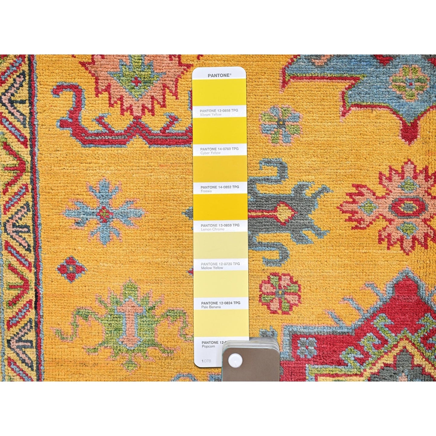 5'2"X6'7" Yellow Kazak With Geometric Design Hand Knotted Soft Wool Rug