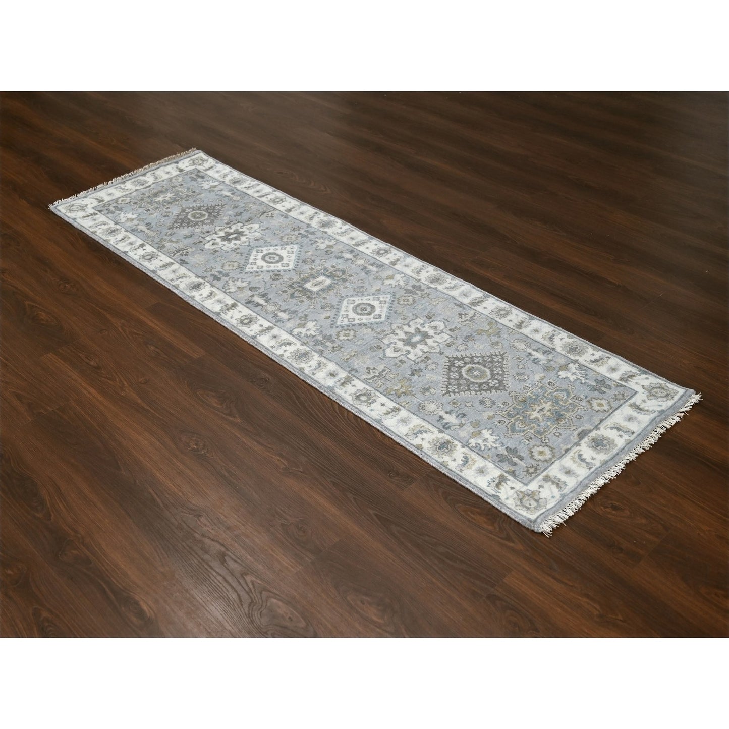 2'7"X7'9" Medium Gray Hand Knotted Karjihooz Design Wool Runner Rug