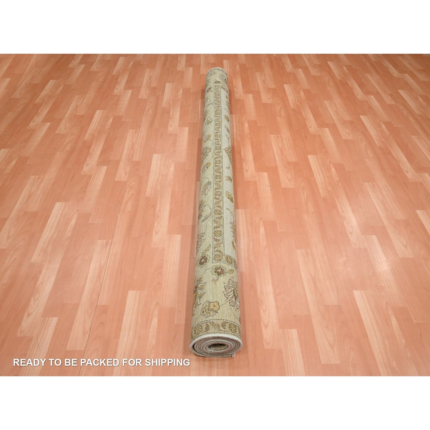 7'3"X9'3" Ivory Hand Knotted Agra Ziegler Design Leaf Pattern Wool Rug