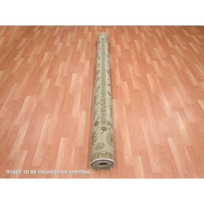 7'3"X9'3" Ivory Hand Knotted Agra Ziegler Design Leaf Pattern Wool Rug