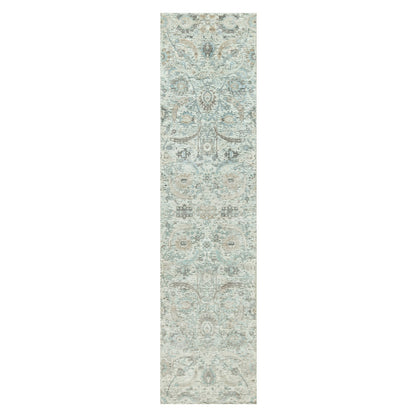 2'6"X10' Futon White Hand Knotted Sickle Leaf Silk And Wool Runner Rug