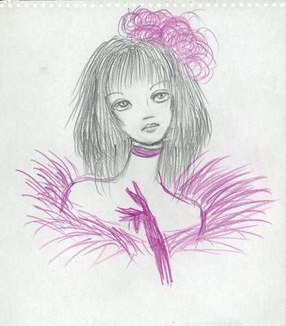 Original Rune Naito Pencil Drawing Woman in Purple Fur Fashion Illustration