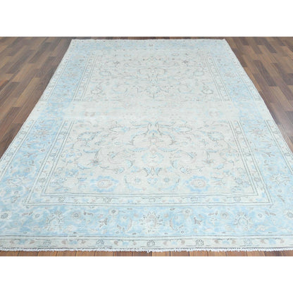 6'6"X9'7" Hand Knotted Ivory Vintage Farsian Karman Worn Wool Rug