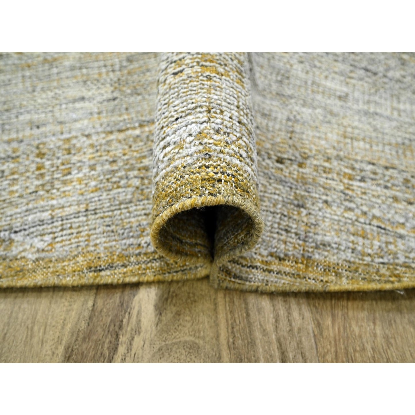 10'X10' Yellow Pure Wool Round Rug Hand Knotted Oxidized Grass Design