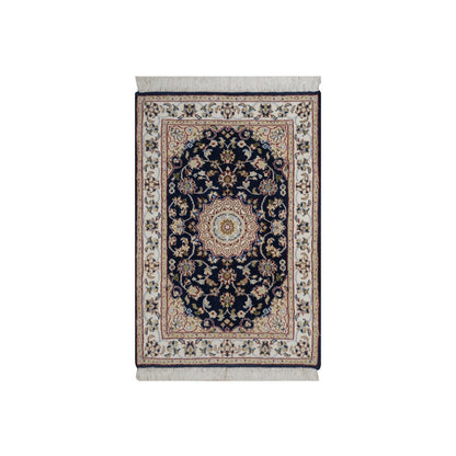 2'1"X3'2" Navy Wool And Silk Nain Medallion Design Hand Knotted Mat Rug