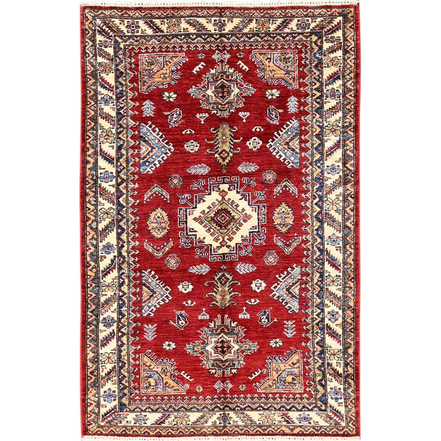 4'1"X6'5" Red Hand Knotted Afghan Super Kazak Medallions Design Wool Rug