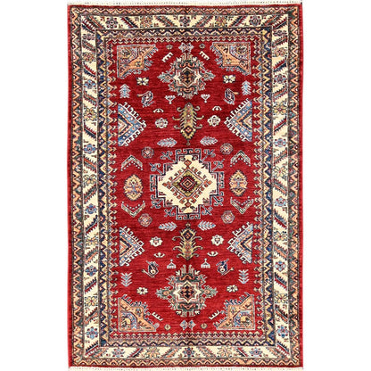 4'1"X6'5" Red Hand Knotted Afghan Super Kazak Medallions Design Wool Rug