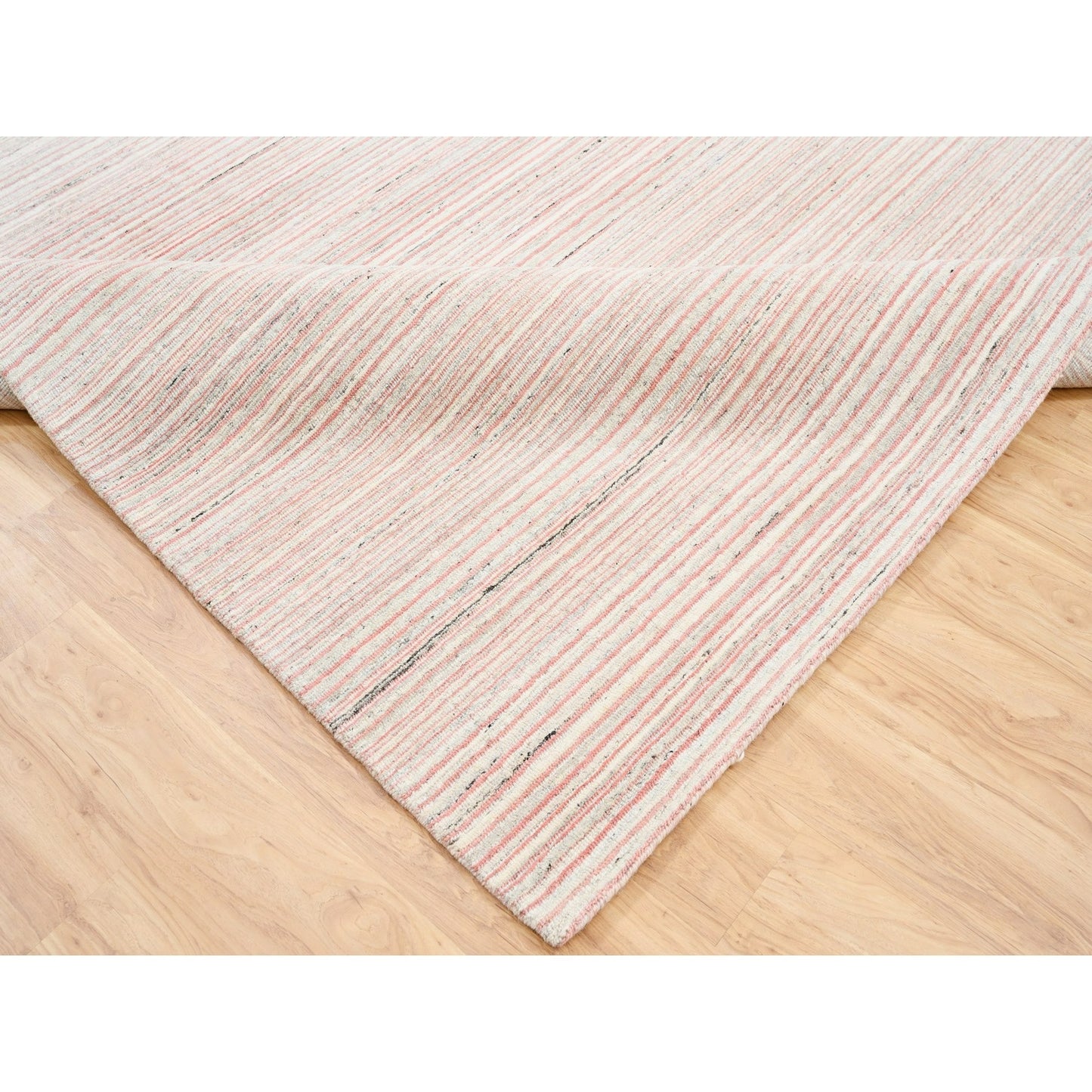 9'1"X12' Ivory With Coral Red Wool Plain Modern Design Hand Loomed Rug