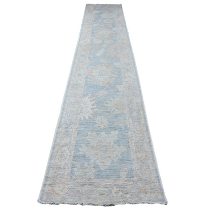 2'10"X15'5" Denim Blue Wool Weft Afghan Angora Oushak Runner Oriental Rug