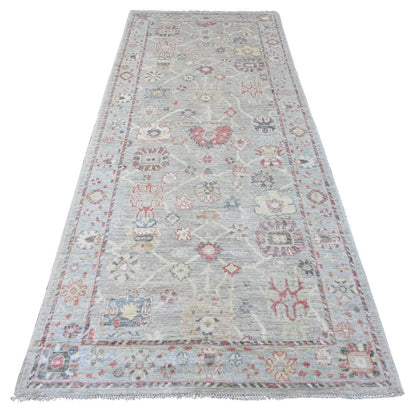 4'2"X9'10" Gray Angora Oushak Vines Design Hand Knotted Wool Runner Rug