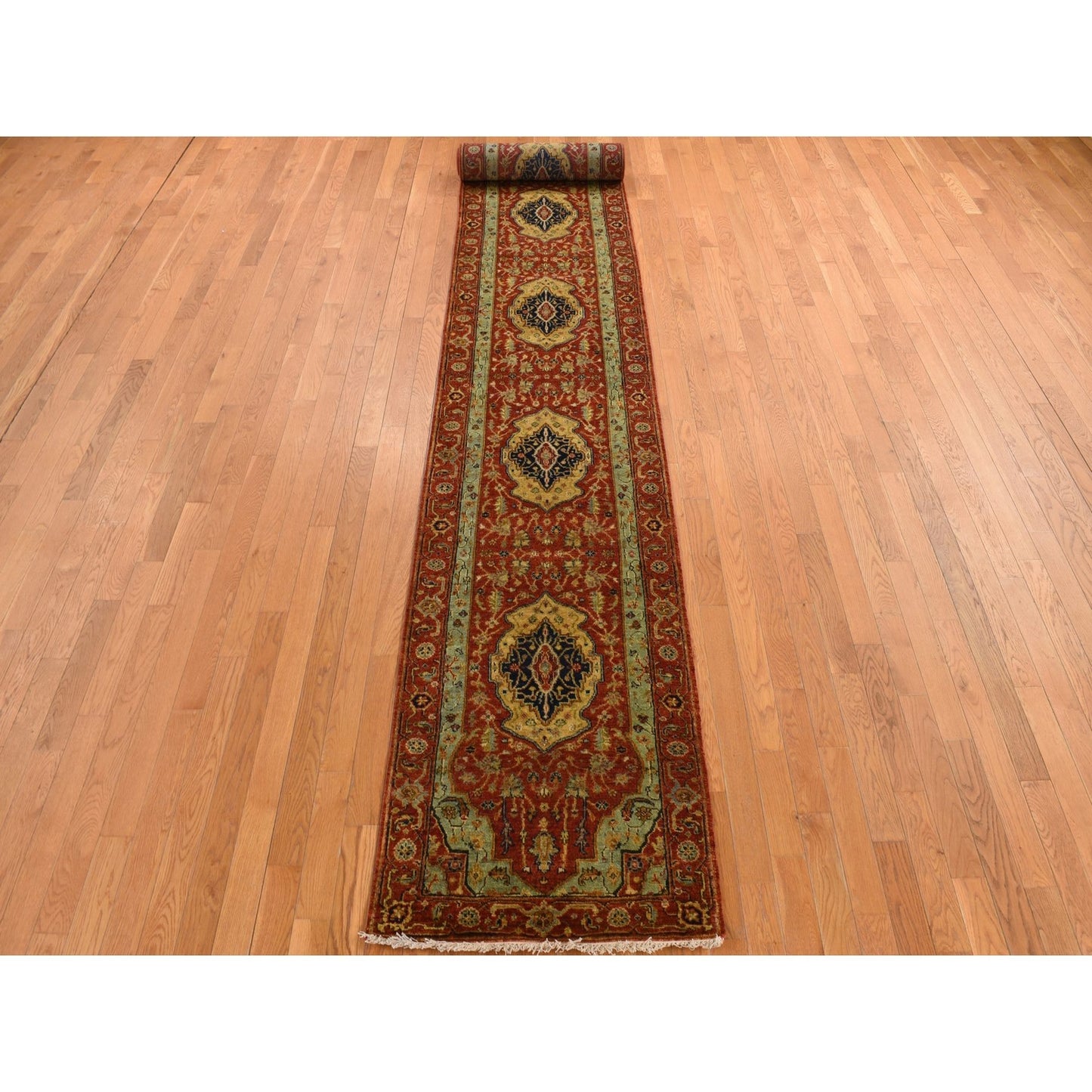2'7"X17'7" Red Xl Antiqued Heris Hand Knotted Wool Runner Oriental Rug