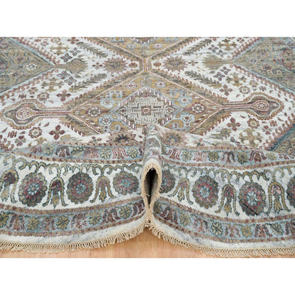 9'9"X9'9" Ivory Hand Knotted Flower Rosettes Border Round Oriental Rug