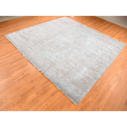 11'8"X11'8" Green Hand Knotted Zoroastrian Design Square Wool, Silk Rug