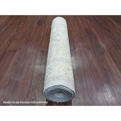 2'9"X9'10" White Heris All Over Design Pure Wool Hand Knotted Runner Rug