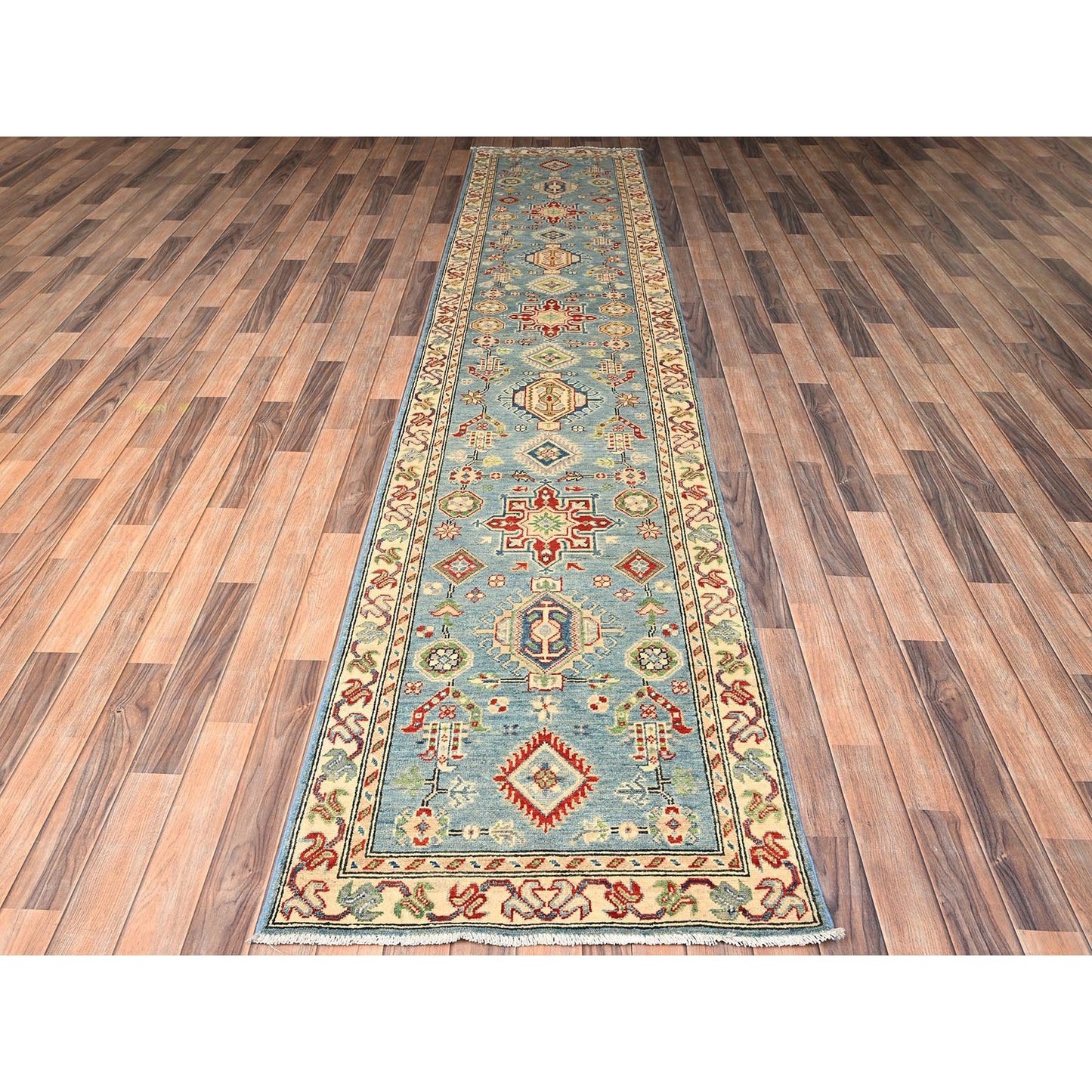 2'9"X12'9" Blue Kazak With Geometric Design Rug Hand Knotted Wool Runner