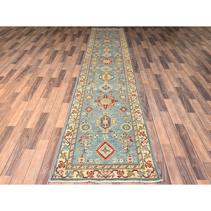 2'9"X12'9" Blue Kazak With Geometric Design Rug Hand Knotted Wool Runner