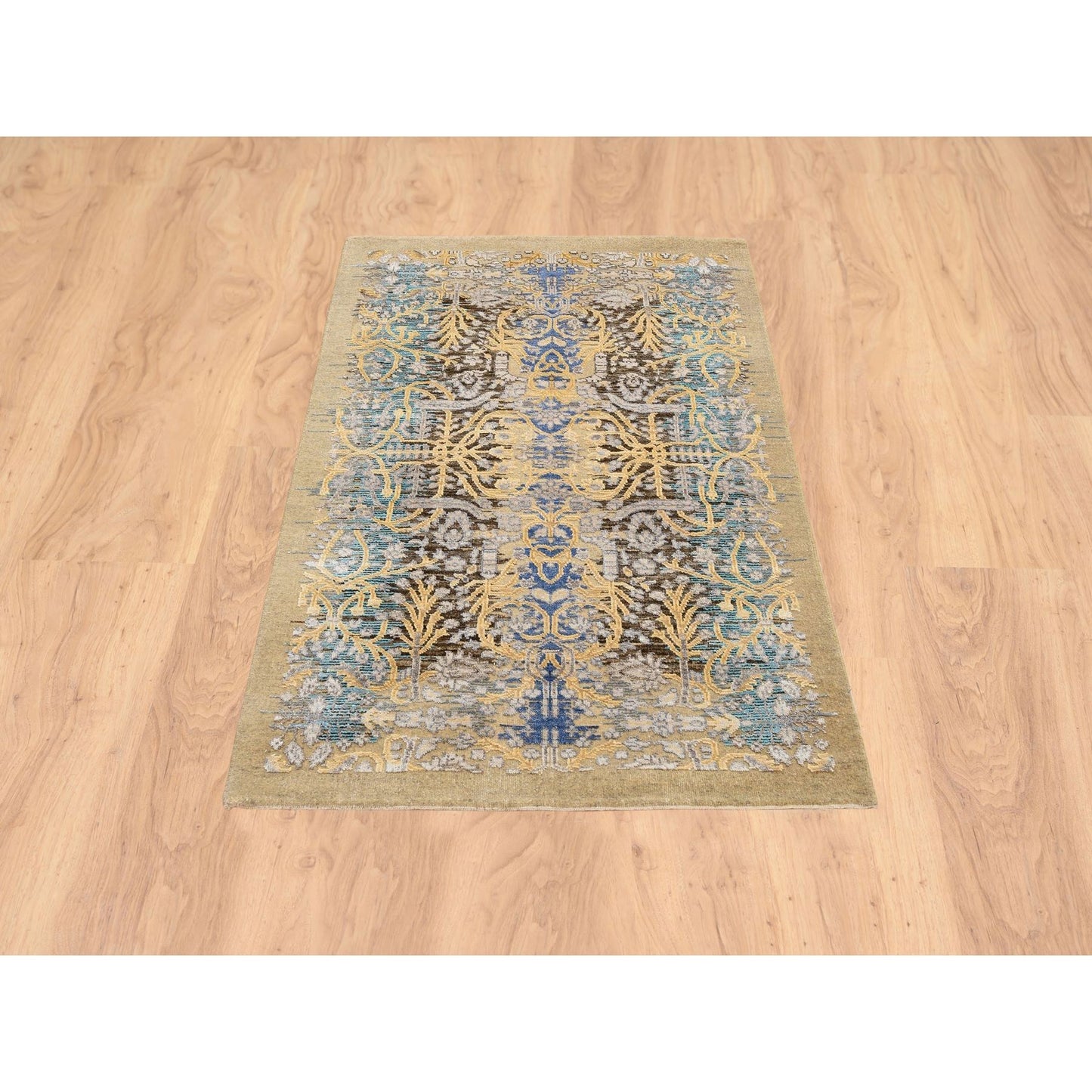 3'2"X5' Gold Brown Saroogh Silk With Wool Hand Knotted Rug