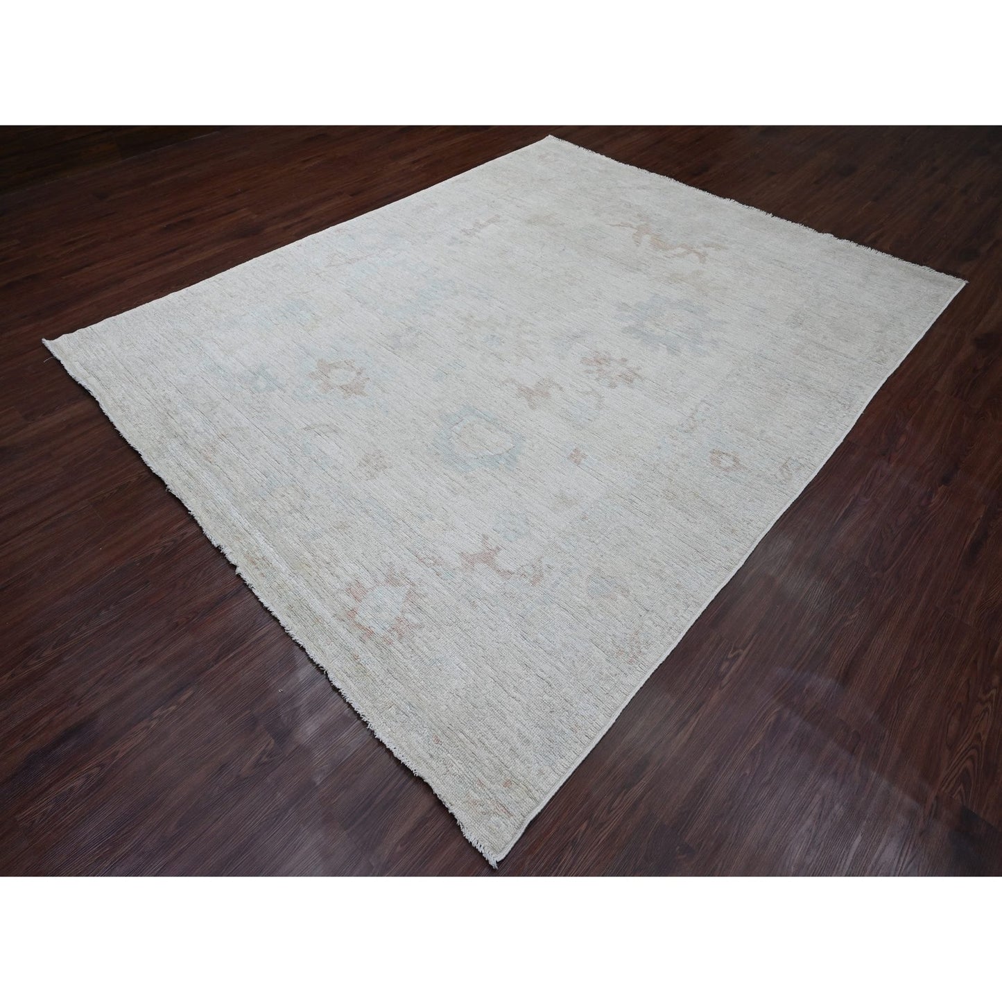 8'X9'7" Misty Gray Afghan Angora Oushak Pure Wool Hand Knotted Rug