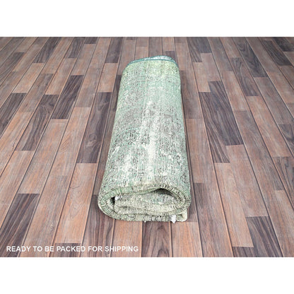 6'1"X9' Green Worn Wool Hand Knotted Overdyed Old Zoroastrian Tebraz Rug