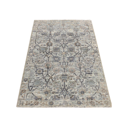 Rug 3'x5'2" White Silk with Wool Tebraz Vase Design Hand Knotted