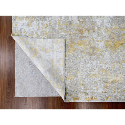 9'X12' Beige With Gold Abstract Design Wool And Silk Hand Knotted Rug