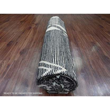 9'4"X12'10" Black Hand Knotted Moroccan Weave Ethnic Design Soft Wool Rug