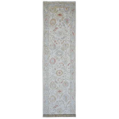4'X15'10" White Angora Oushak Leaf Design Hand Knotted Wool Runner Rug