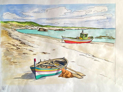 Aldo Riso ''Fishermen'S Boats'' - Hand-Painted Engraving Authenticated 60X80