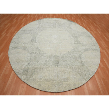 10'X10' Oyster White Jewelry Design Wool And Silk Hand Knotted Round Rug