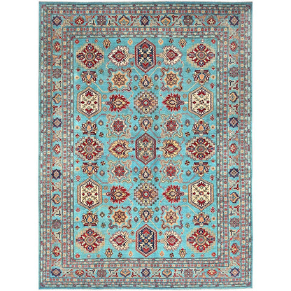 9'X12'1" Fanfare Blue Kazak Geometric Hand Knotted 100% Wool Oriental Rug