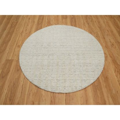 5'X5' Ivory Hand Loomed Rug Salt And Pepper Effect Undyed Pure Wool Round