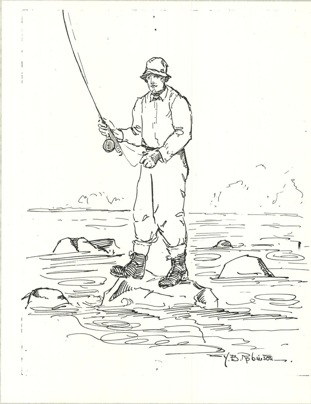 Contemporary YB ROBINSON Fly Fisherman in River 11" x 8.5" Lithograph