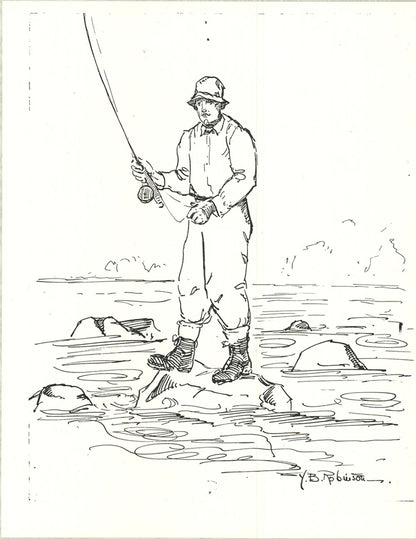 Contemporary YB ROBINSON Fly Fisherman in River 11" x 8.5" Lithograph