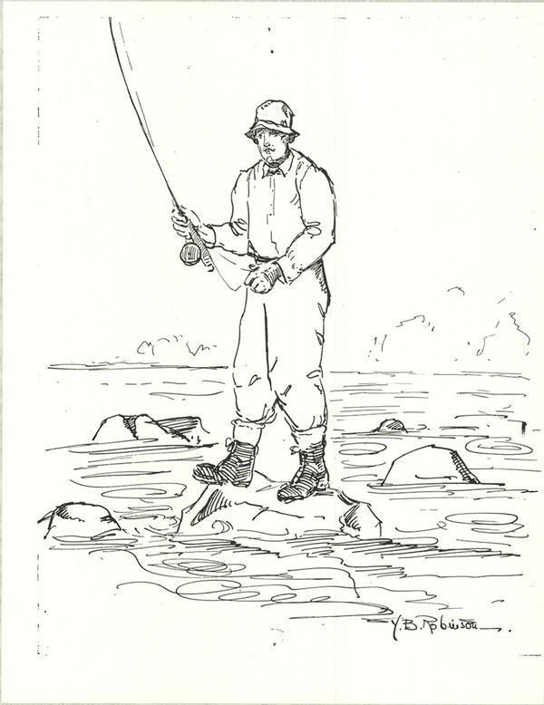 Contemporary YB ROBINSON Fly Fisherman in River 11" x 8.5" Lithograph