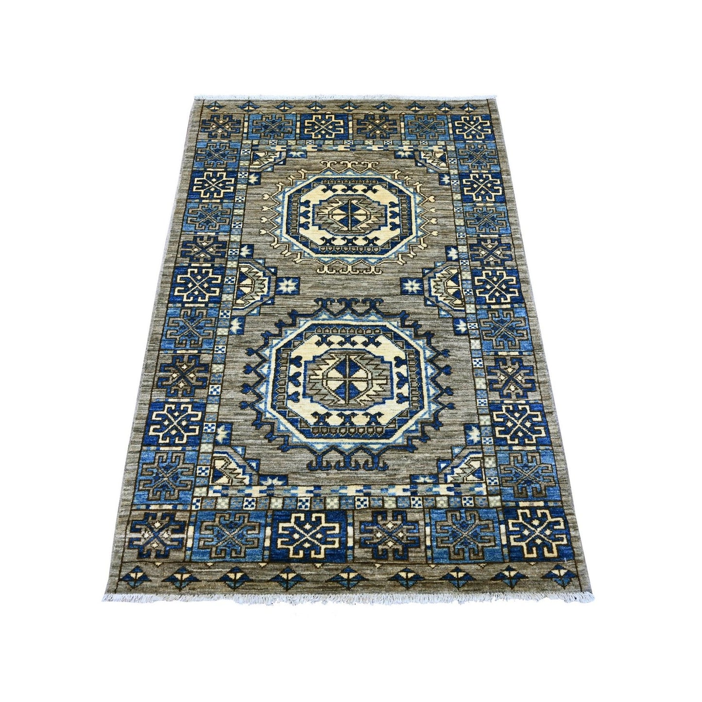 3'3"x4'10" Gray Hand Knotted Afghan Ersari Elephant Feet Design Wool Rug