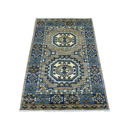 3'3"x4'10" Gray Hand Knotted Afghan Ersari Elephant Feet Design Wool Rug