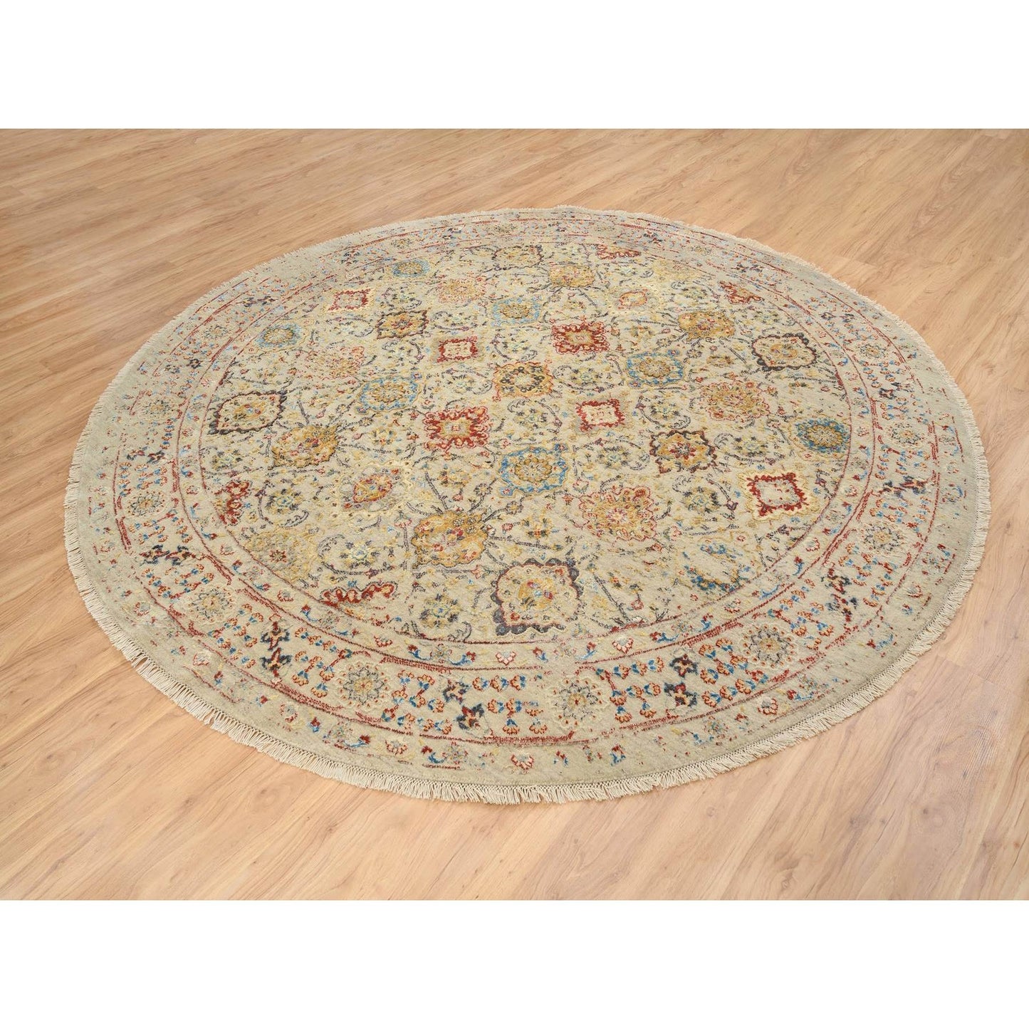 8'9"X8'9" Beige Wool And Pure Silk Hand Knotted Oriental Round Rug